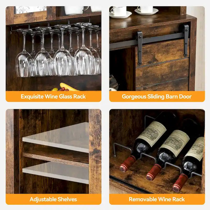 Meuble à vin de ferme avec porte coulissante, casier à vin, porte-verres et placards supérieurs