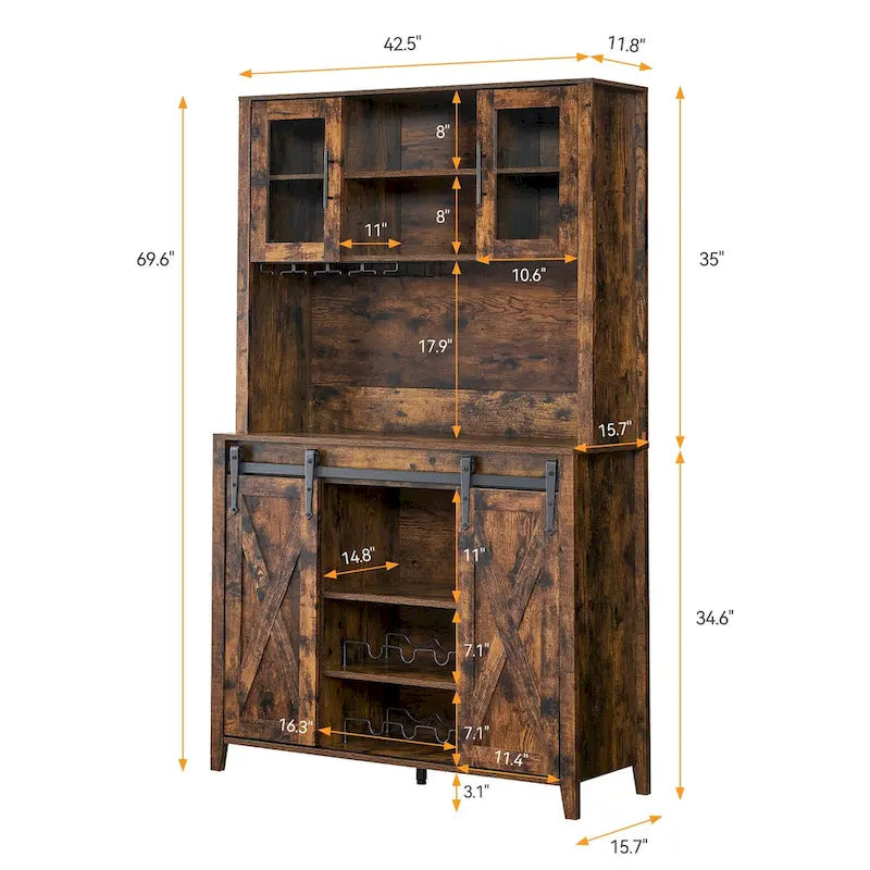 Meuble à vin de ferme avec porte coulissante, casier à vin, porte-verres et placards supérieurs