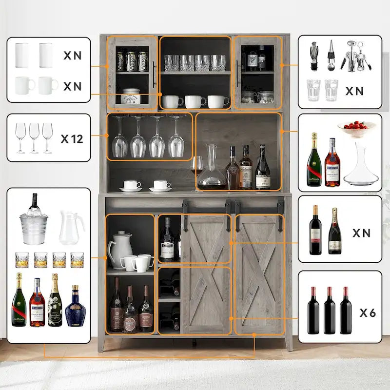 Meuble à vin de ferme avec porte coulissante, casier à vin, porte-verres et placards supérieurs