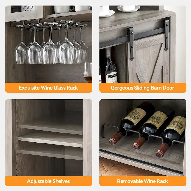 Meuble à vin de ferme avec porte coulissante, casier à vin, porte-verres et placards supérieurs