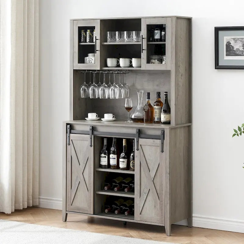 Meuble à vin de ferme avec porte coulissante, casier à vin, porte-verres et placards supérieurs