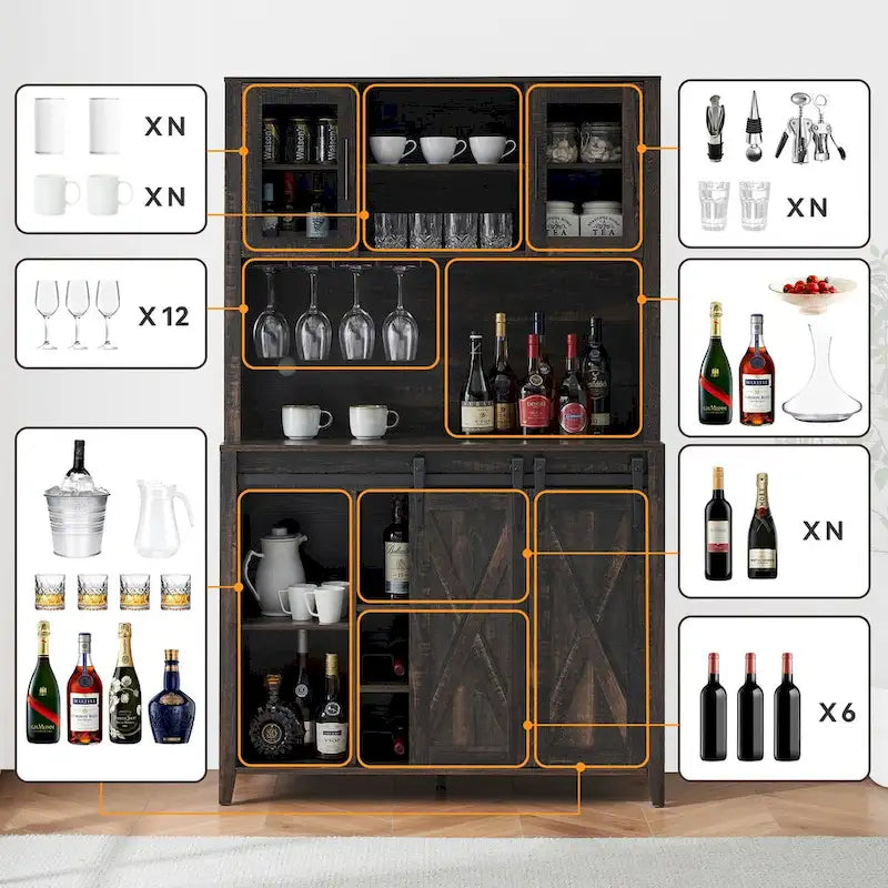 Meuble à vin de ferme avec porte coulissante, casier à vin, porte-verres et placards supérieurs