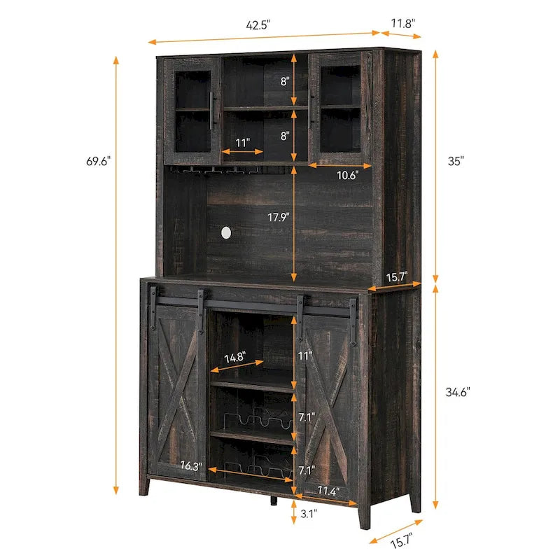 Meuble à vin de ferme avec porte coulissante, casier à vin, porte-verres et placards supérieurs