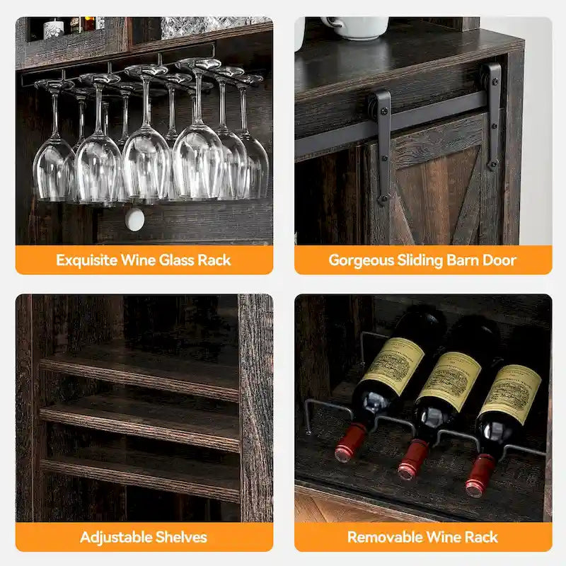 Meuble à vin de ferme avec porte coulissante, casier à vin, porte-verres et placards supérieurs