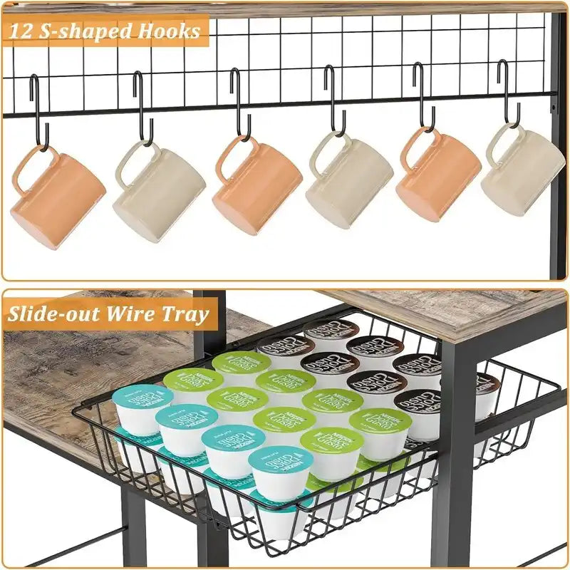 Meuble de bar à café de ferme avec panier de rangement et crochets pour tasses