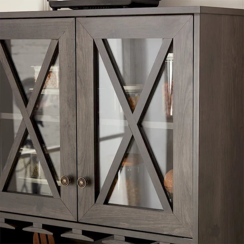 Meuble Bar Haut avec Portes Coulissantes en Verre, Casier à Vin, Support à Verres Suspendu et Meuble Bas en Bois