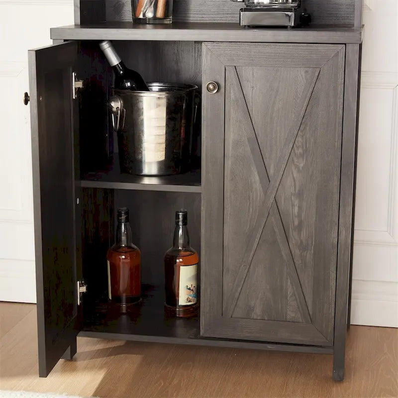 Meuble Bar Haut avec Portes Coulissantes en Verre, Casier à Vin, Support à Verres Suspendu et Meuble Bas en Bois
