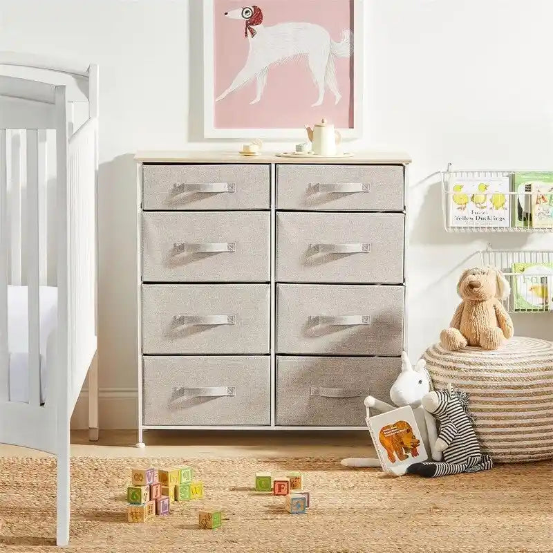 Commode de rangement fine à 8 tiroirs avec cadre en acier et plateau en bois