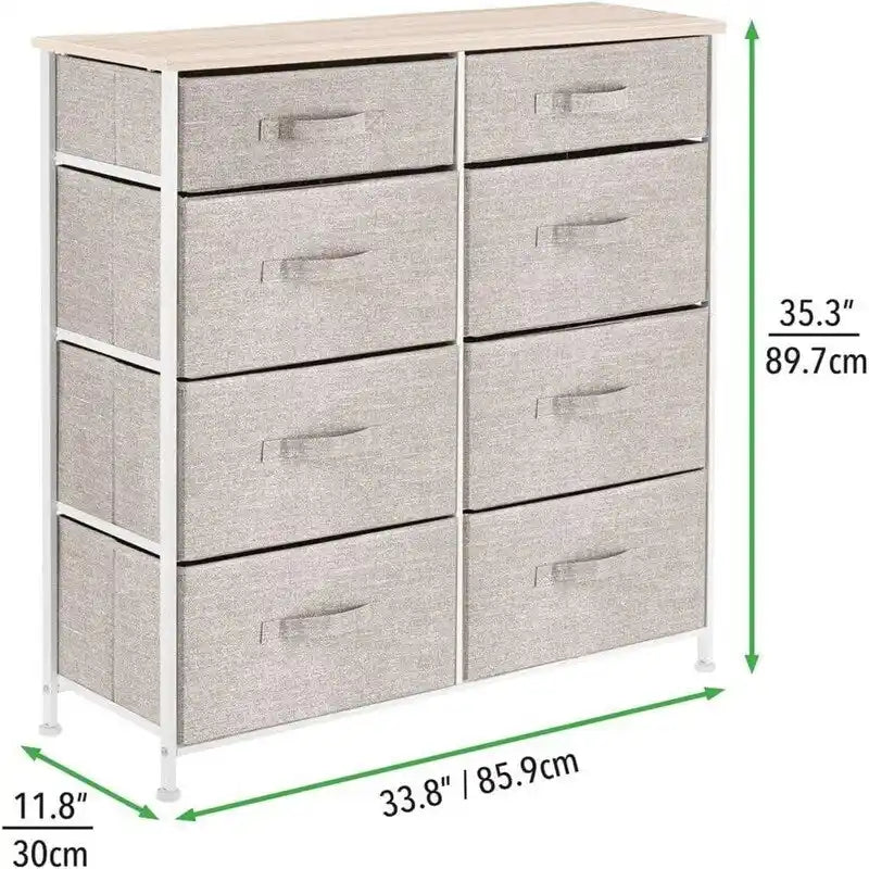 Commode de rangement fine à 8 tiroirs avec cadre en acier et plateau en bois