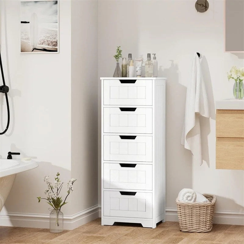 Armoire de rangement mince à 5 tiroirs autoportante pour salle de bain et chambre à coucher