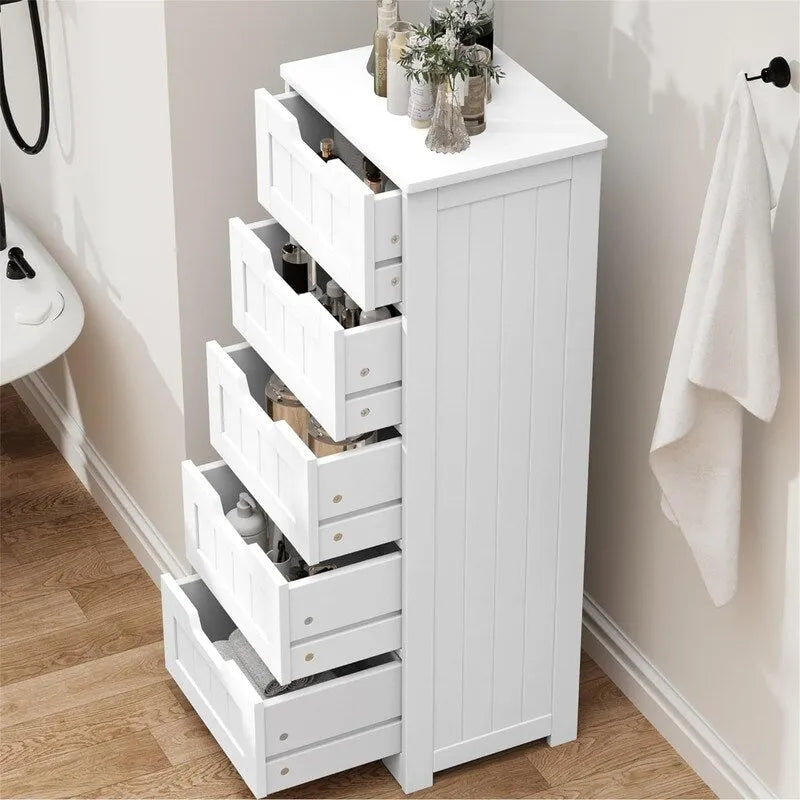 Armoire de rangement mince à 5 tiroirs autoportante pour salle de bain et chambre à coucher