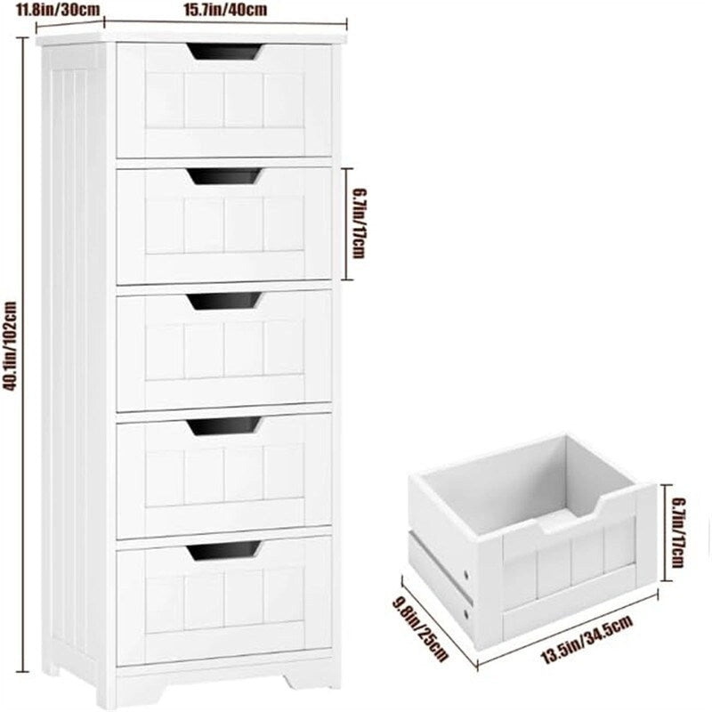 Armoire de rangement mince à 5 tiroirs autoportante pour salle de bain et chambre à coucher
