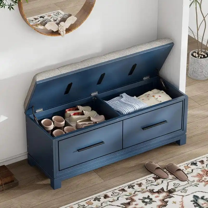 Banc à chaussures avec coussin amovible et rangement dissimulé pour l'organisation de l'entrée et du salon