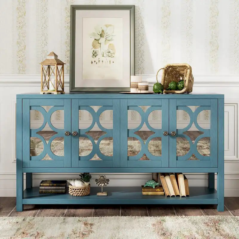 Meuble de salon rétro avec portes miroir et étagères ouvertes