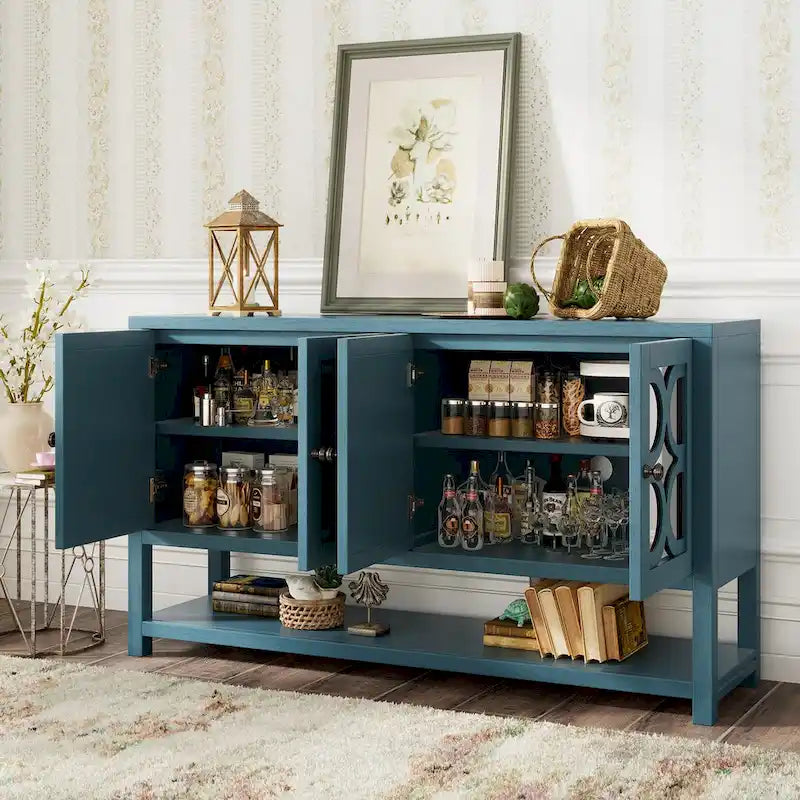 Meuble de salon rétro avec portes miroir et étagères ouvertes