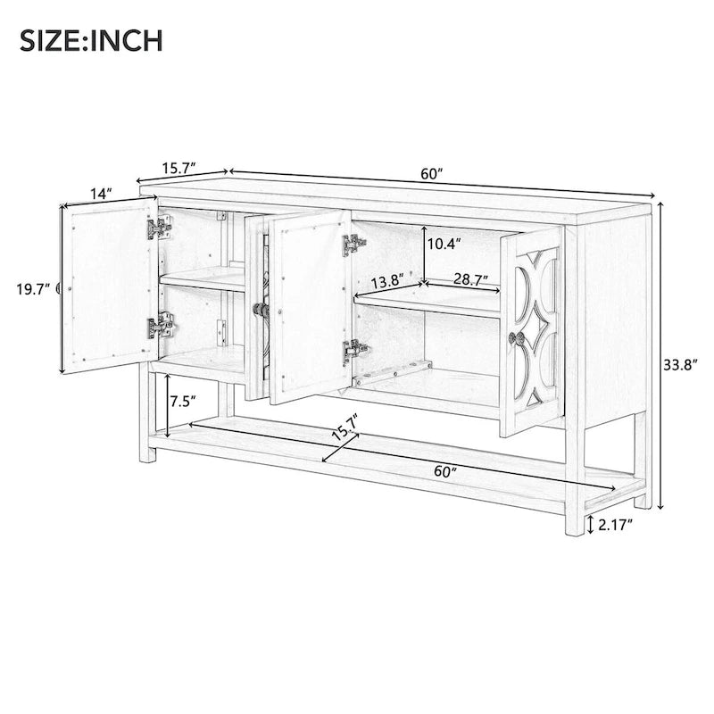 Meuble de salon rétro avec portes miroir et étagères ouvertes