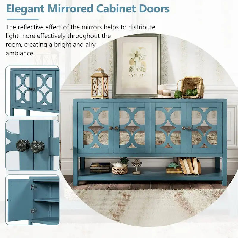 Meuble de salon rétro avec portes miroir et étagères ouvertes