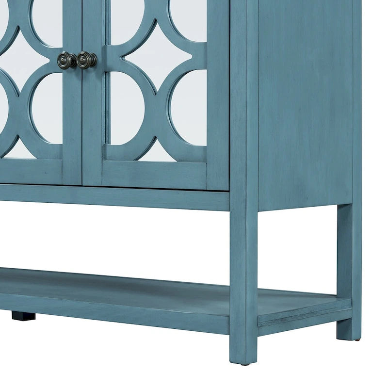 Meuble de salon rétro avec portes miroir et étagères ouvertes