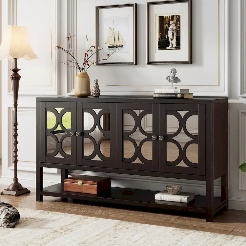 Meuble de salon rétro avec portes miroir et étagères ouvertes