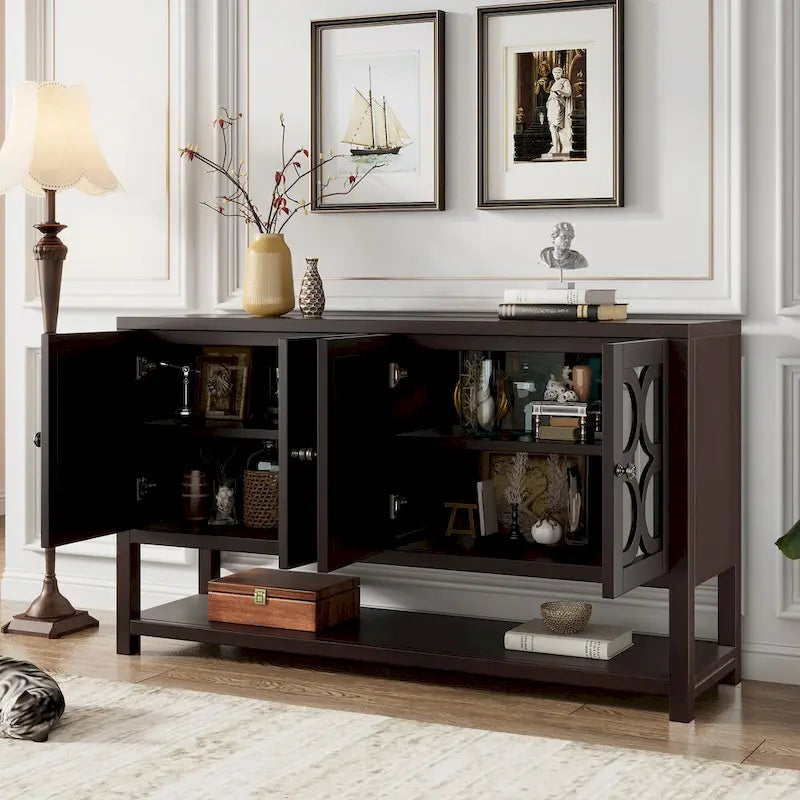 Meuble de salon rétro avec portes miroir et étagères ouvertes