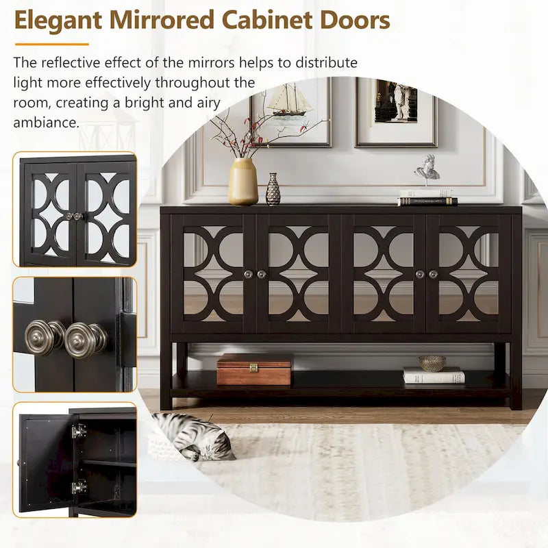 Meuble de salon rétro avec portes miroir et étagères ouvertes