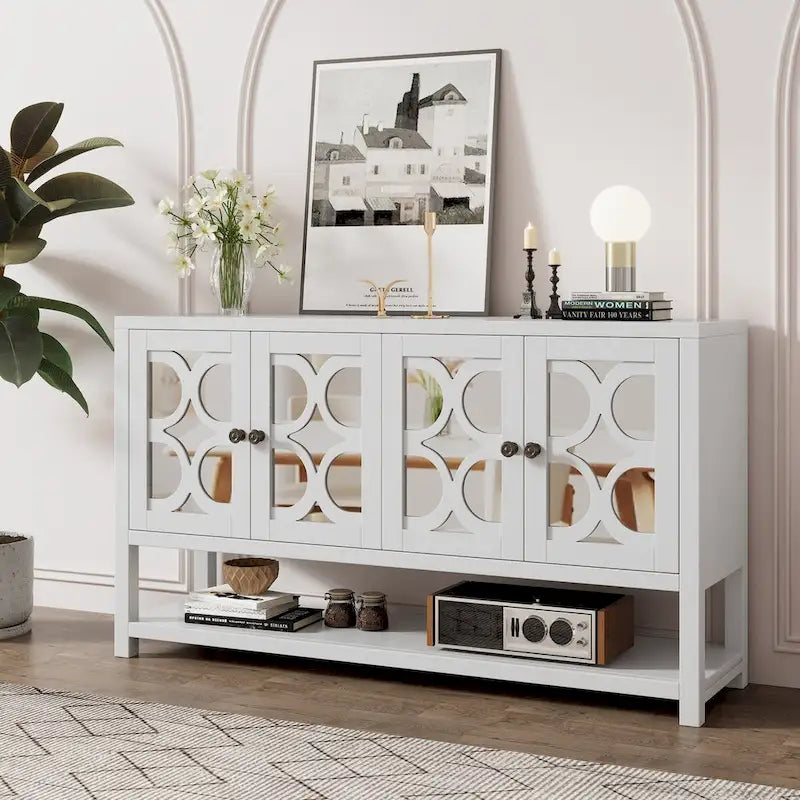 Meuble de salon rétro avec portes miroir et étagères ouvertes