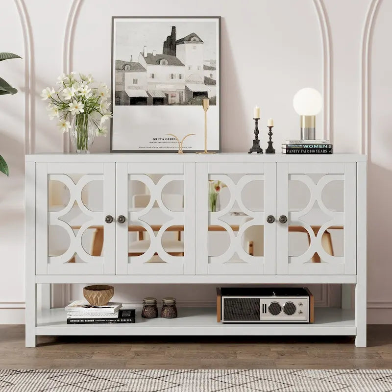 Meuble de salon rétro avec portes miroir et étagères ouvertes
