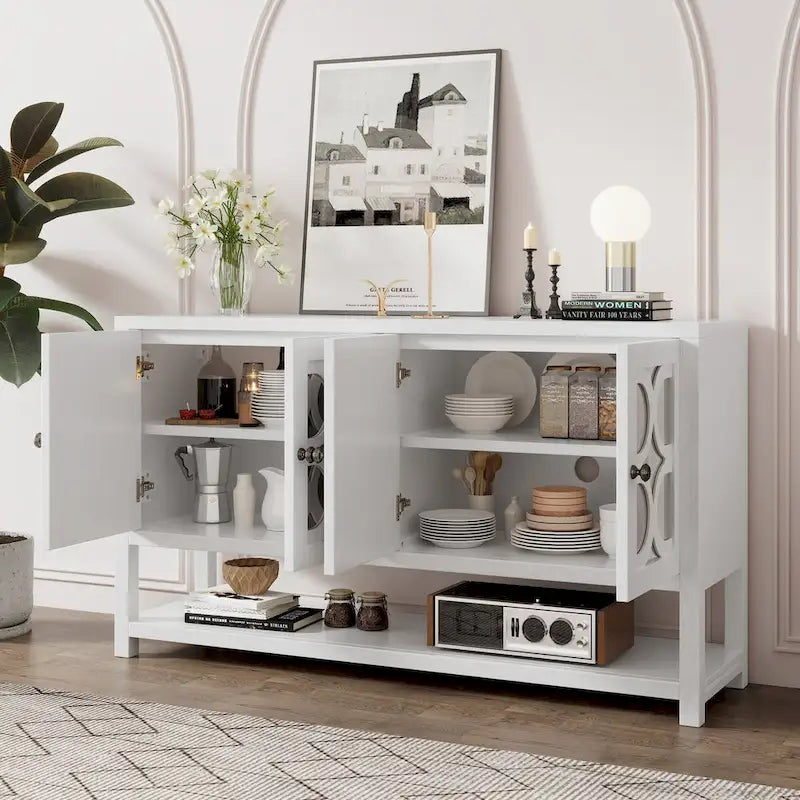 Meuble de salon rétro avec portes miroir et étagères ouvertes