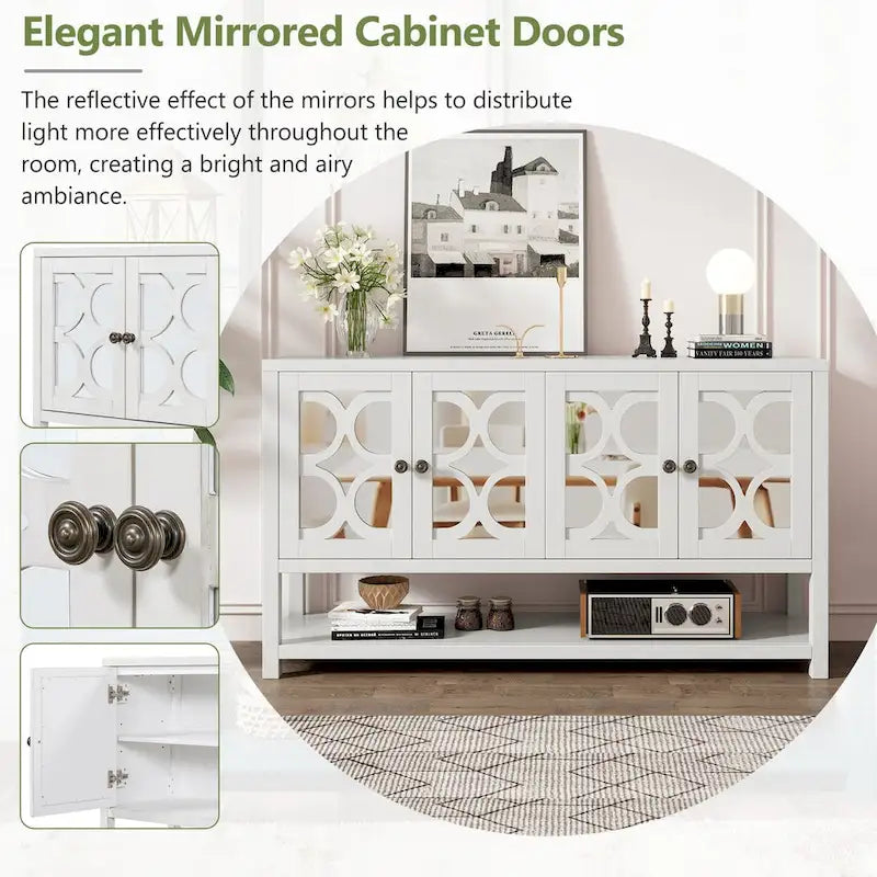 Meuble de salon rétro avec portes miroir et étagères ouvertes