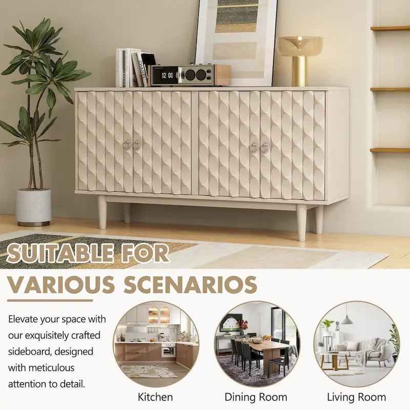 Bahut moderne à 4 portes avec portes géométriques convexes et poignées argentées