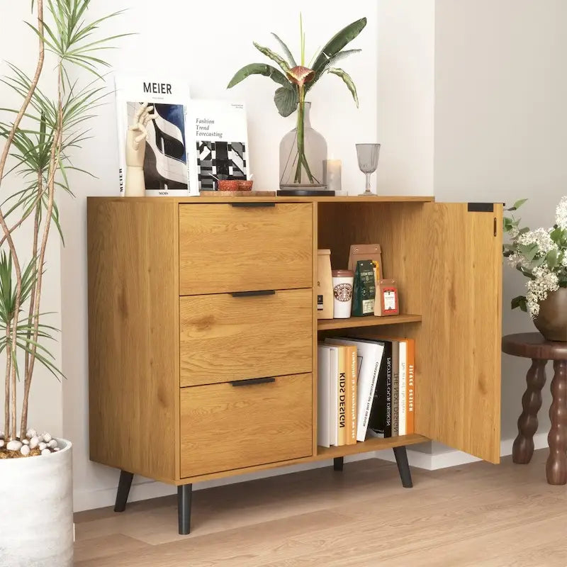 Buffet scandinave avec 3 tiroirs et porte à étagère réglable