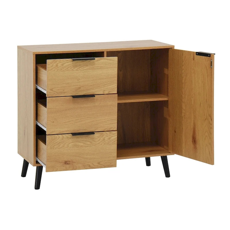 Buffet scandinave avec 3 tiroirs et porte à étagère réglable