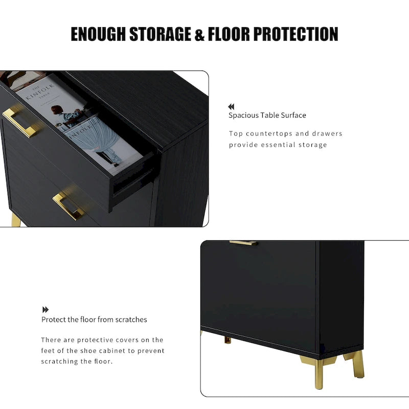 Meuble à Chaussures sur Pied avec 2 Tiroirs Abattants et Étagère Inférieure Ouverte