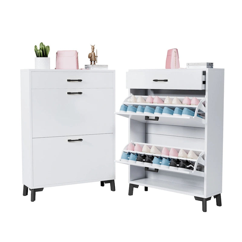 Meuble à Chaussures sur Pied avec 2 Tiroirs Abattants et Étagère Inférieure Ouverte