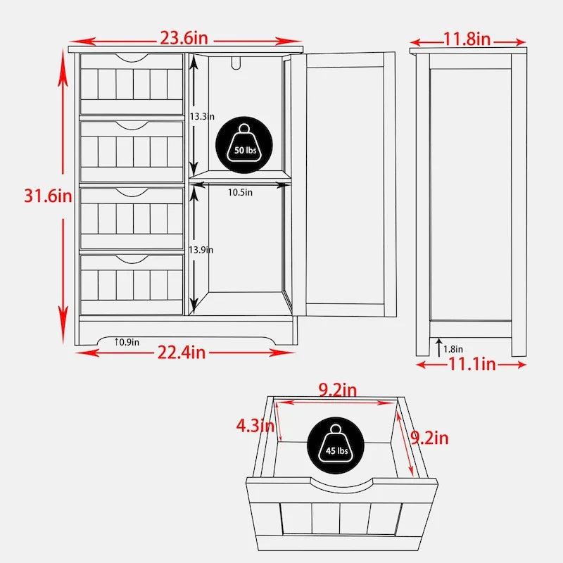 Meuble de rangement sur pied pour salle de bain VEIKOUS avec 4 tiroirs